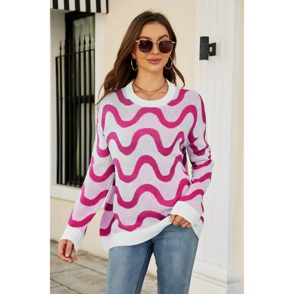 Just Polly Pink Wavy Crewneck Sweater Oversized size Small - Picture 1 of 5